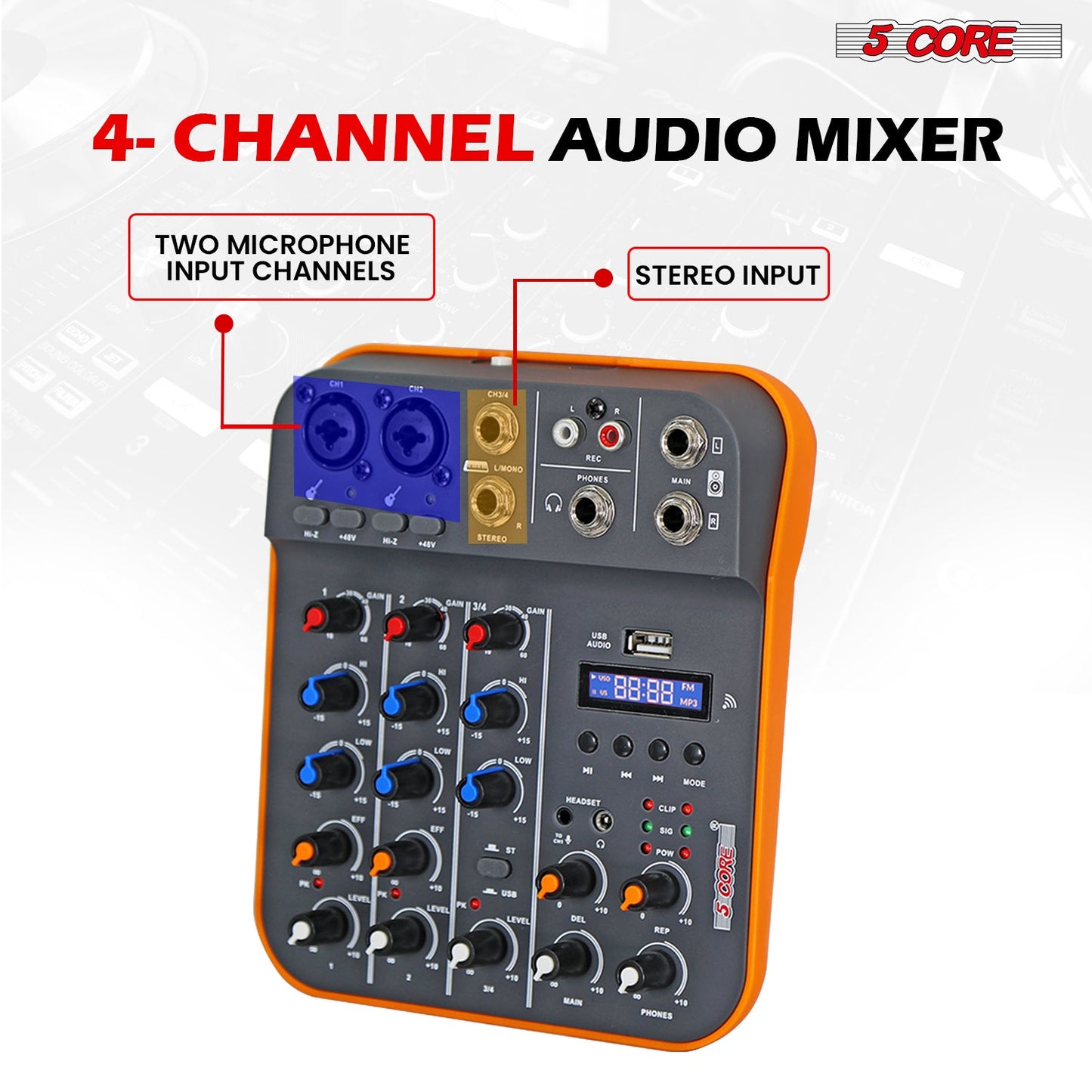 4-Channel Audio Mixer | Bluetooth 5.4 + USB Interface | DJ & Studio