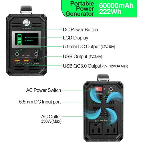 FlashFish 300W Portable Power Station | 222Wh / 60000mAh | Solar Ready