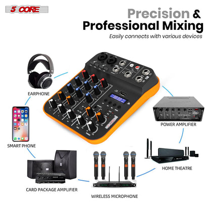 4-Channel Audio Mixer | Bluetooth 5.4 + USB Interface | DJ & Studio